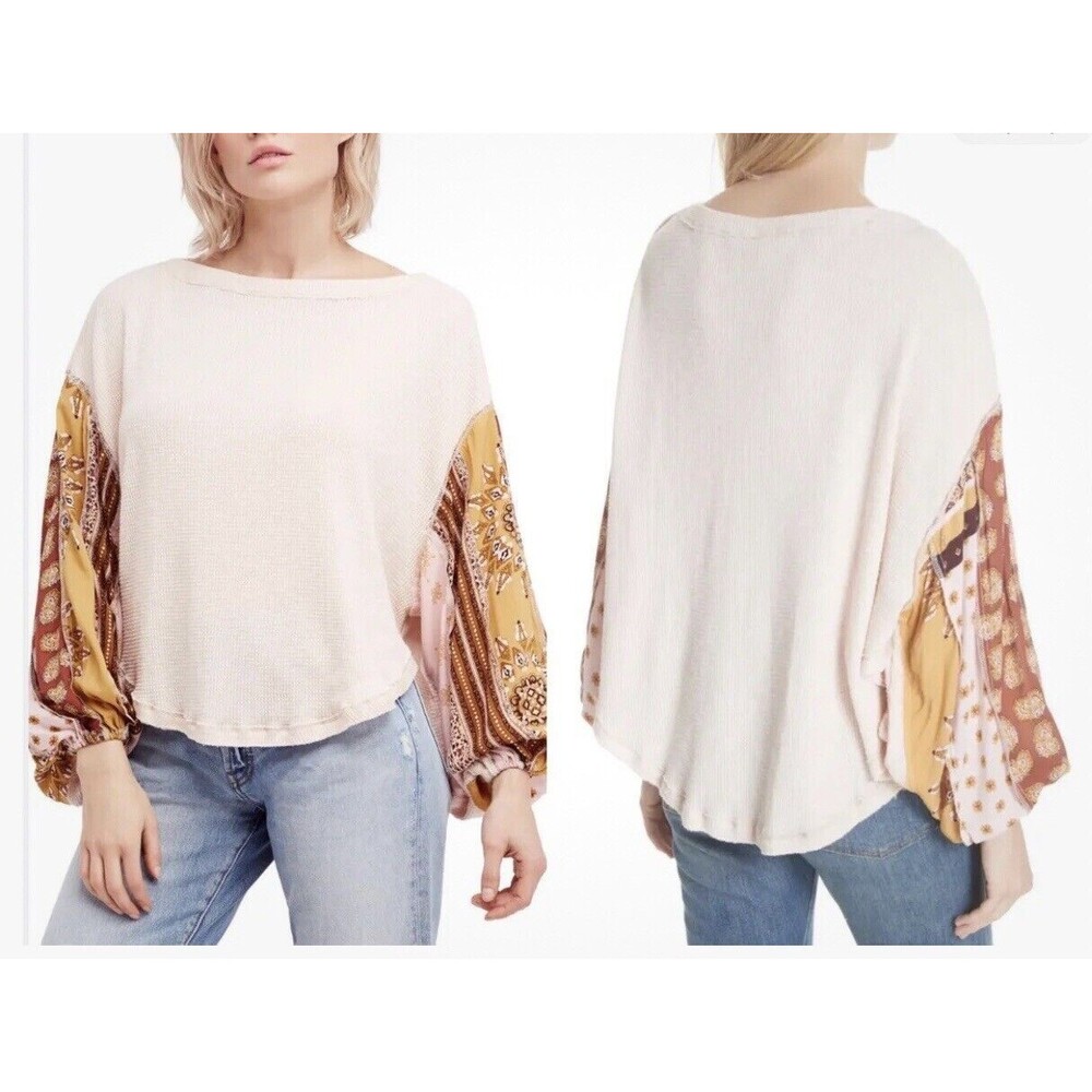 We The Free People Blossom Balloon Sleeve Waffle Knit Thermal Oversized Top XS